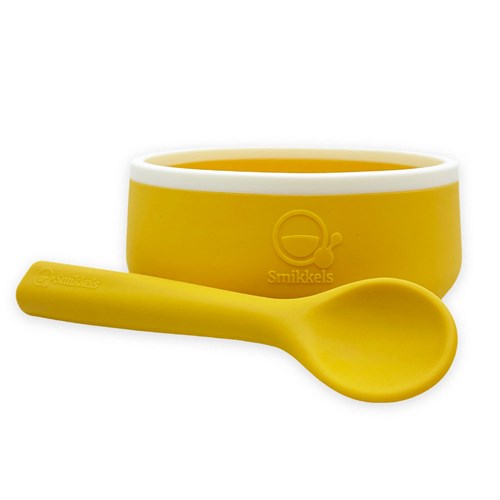 Smikkels silicone kids bowl with spoon yellow baby tableware