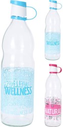Excellent Houseware glass bottle 1 liter blue or pink with text