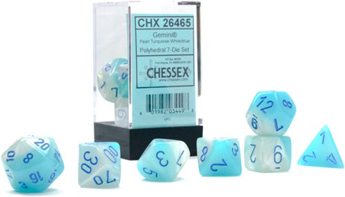 Chessex dice set - Polyhedral Pearl Turquoise-White/Blue Luminary - 7 pieces