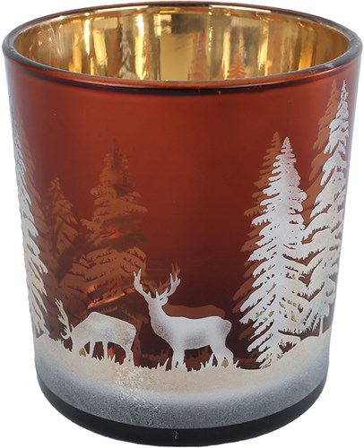 Theelichthouder brown glass deer pine tree atmospheric decoration 7.5x7.5x8cm-2