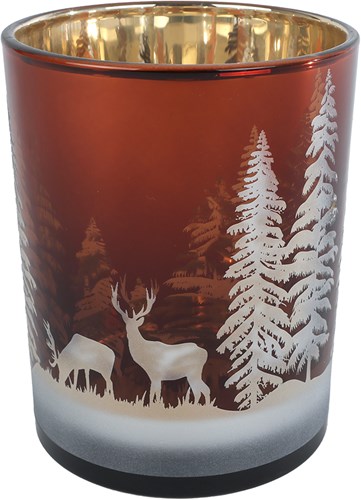 Theelichthouder deer pine tree brown glass 10x10x12.5cm decoration-2