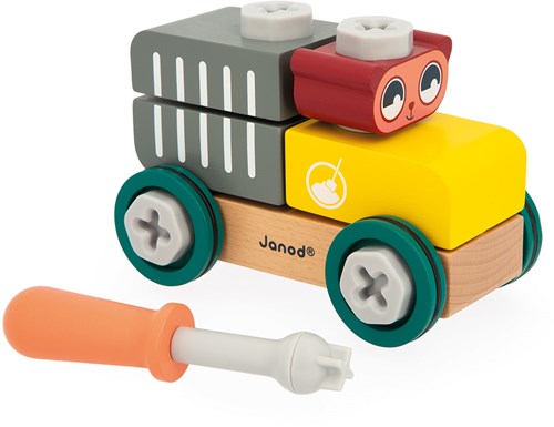 Janod Brico'Kids - Wooden building wagon with bear and blocks - Educational toy-3