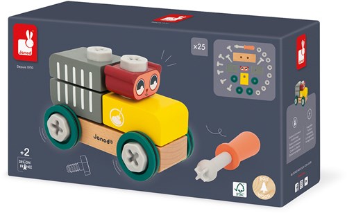 Janod Brico'Kids - Wooden building wagon with bear and blocks - Educational toy