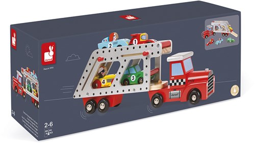 Janod wooden car transporter - toy truck with 4 racing cars-2
