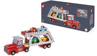 Janod wooden car transporter - toy truck with 4 racing cars-3