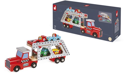 Janod wooden car transporter - toy truck with 4 racing cars-3