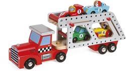 Janod wooden car transporter - toy truck with 4 racing cars