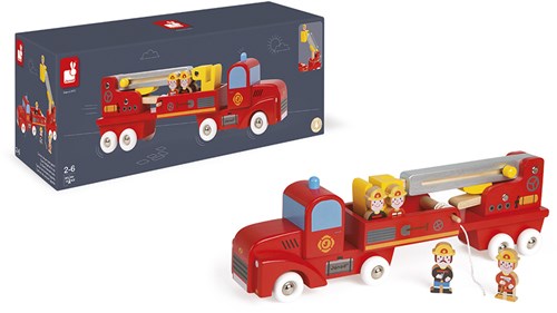 Janod Fire Truck - Wooden Toy Vehicle with Firefighters-3