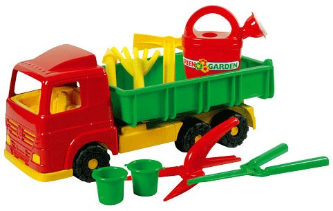 Androni Giocattoli dump truck toy with gardening tools for kids