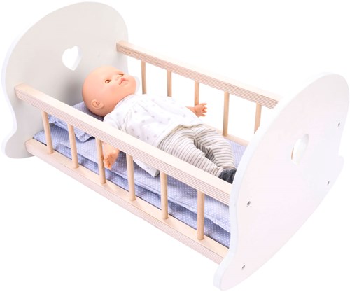 Angel Sports doll bed wooden rocking crib grey-white with bedding