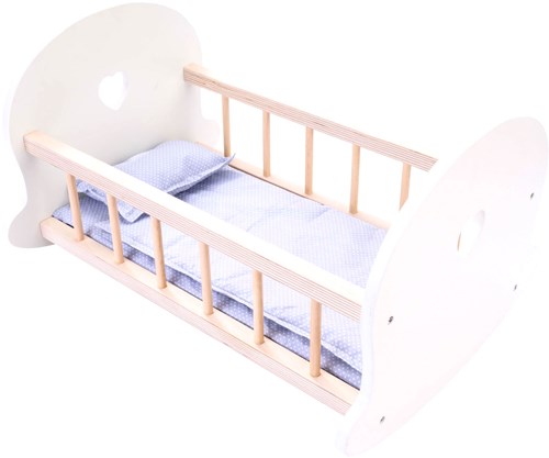 Angel Sports doll bed wooden rocking crib grey-white with bedding-2