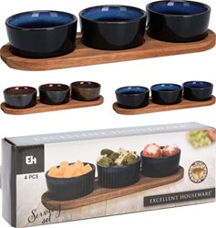 Excellent Houseware ceramic serving set on wooden tray 4-piece blue
