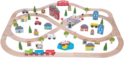 BigJigs wooden train set city and countryside - 101 piece toy-2