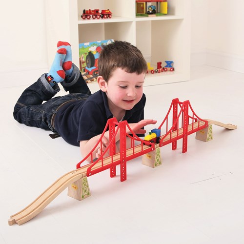 BigJigs wooden train track double suspension bridge red - toy bridge-3
