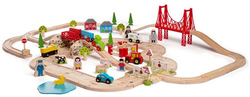BigJigs wooden countryside train set - toy railway and road track-2
