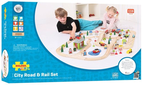 Bigjigs wooden city train set and car set - 110 piece toy