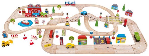 Bigjigs wooden city train set and car set - 110 piece toy-2