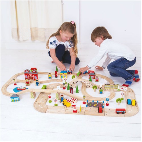 Bigjigs wooden city train set and car set - 110 piece toy-3