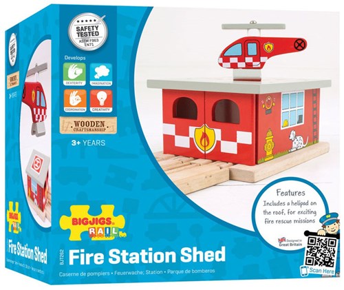 Bigjigs wooden train set fire station with helicopter landing pad