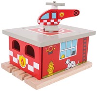 Bigjigs wooden train set fire station with helicopter landing pad-2