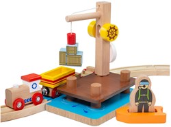 BigJigs wooden train accessory crane dock, dinghy and diver toy