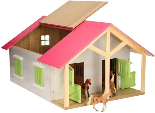 Horse stable wooden toy pink with 2 stalls and storage - 1:24 scale-2