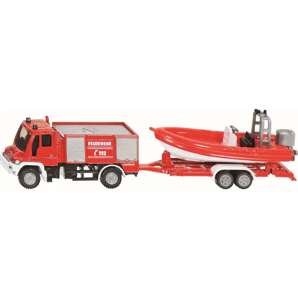 Siku Unimog fire truck toy with boat - 1:87 scale