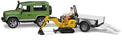 Bruder Land Rover Defender toy car with JCB mini excavator and trailer
