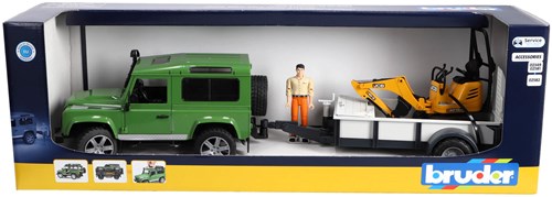 Bruder Land Rover Defender toy car with JCB mini excavator and trailer-3