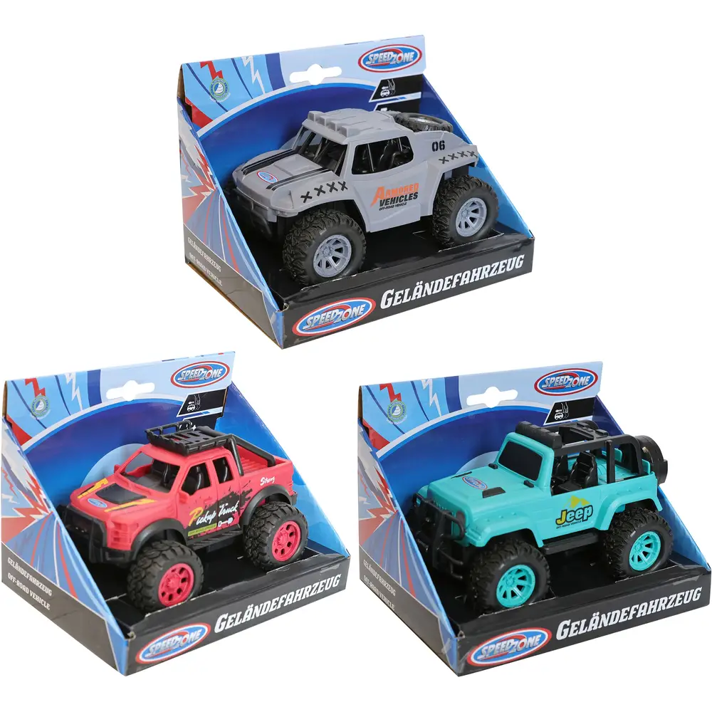 Speedzone off-road toy car with friction, 3 colors, 13 cm