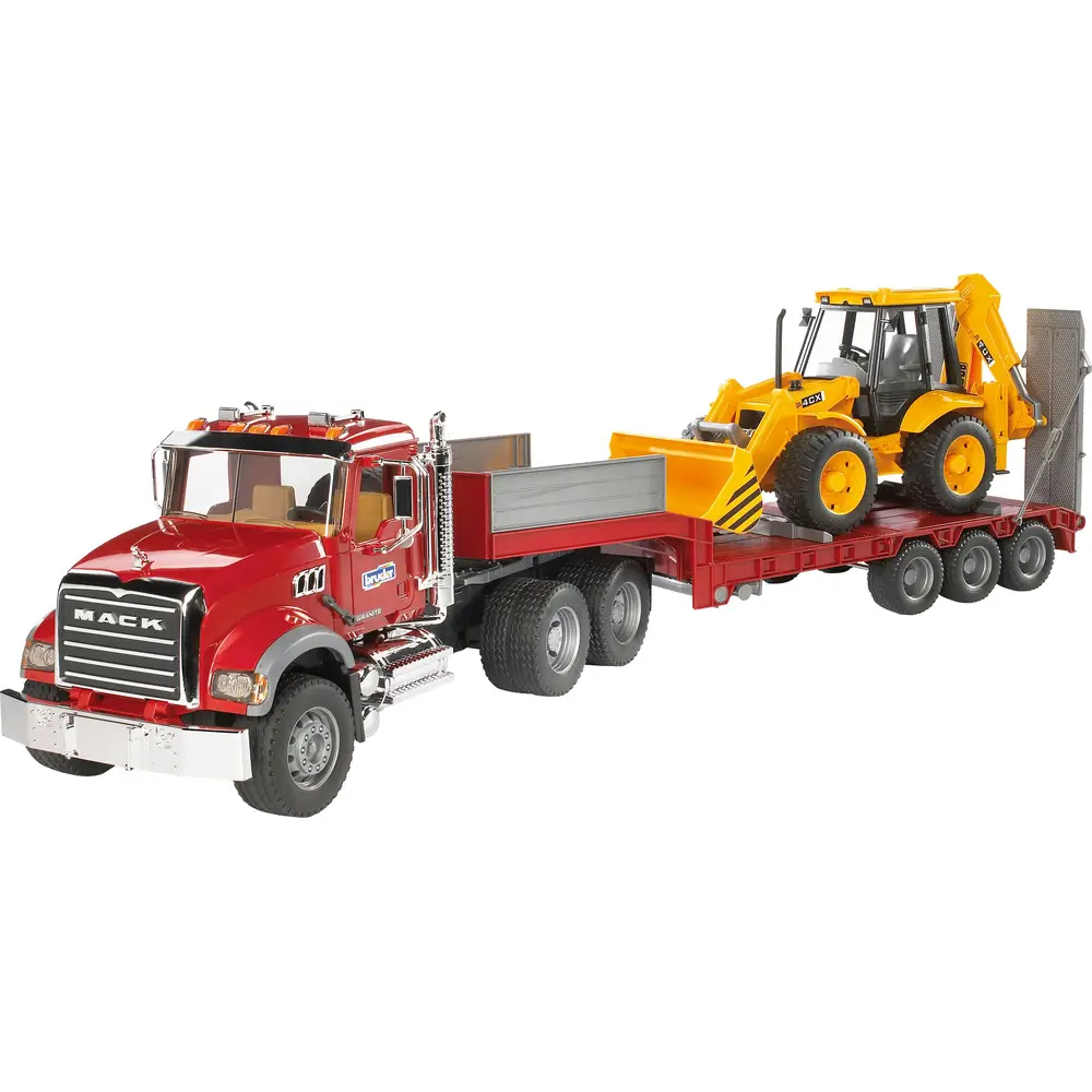 Bruder Mack Granite low loader construction vehicle with excavator toy