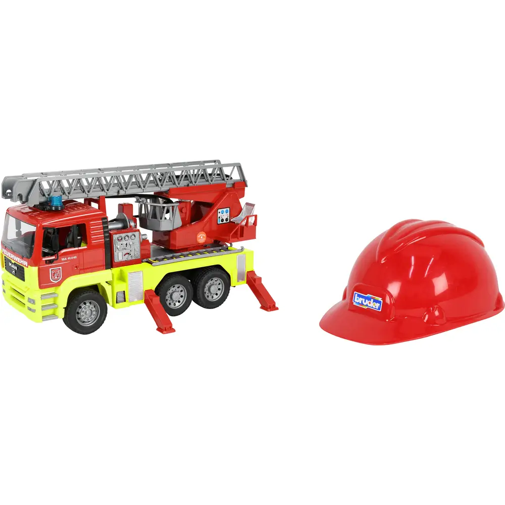 Bruder fire truck MAN TGA with ladder, light and sound, play helmet