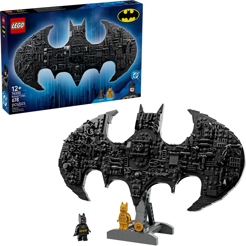 LEGO DC building set Batman logo with minifigures and accessories