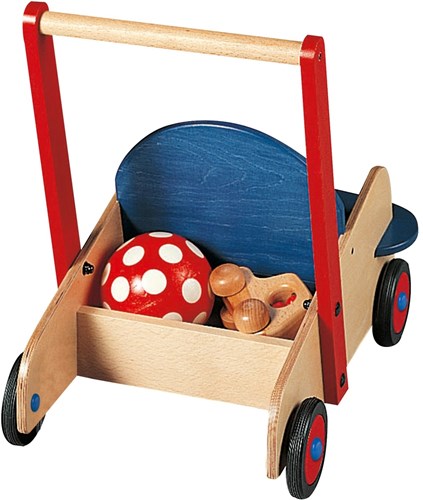 Haba wooden walker push cart red blue for toddlers