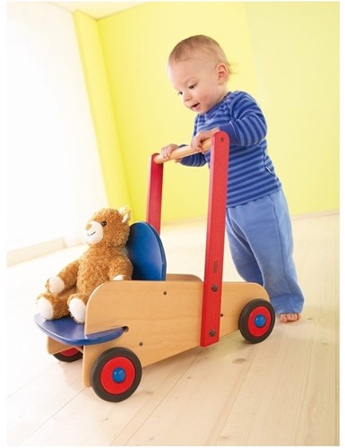 Haba wooden walker push cart red blue for toddlers-2