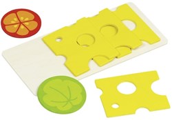 Goki wooden cheese platter toy with vegetables and cheese slices