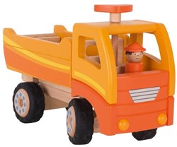 Goki Wooden Dump Truck - Toy Construction Vehicle Orange with Rotating Wheels