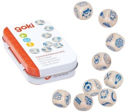 Goki dice game - story cubes wooden game in metal tin