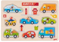Goki wooden puzzle gas station - shape puzzle with large knobs