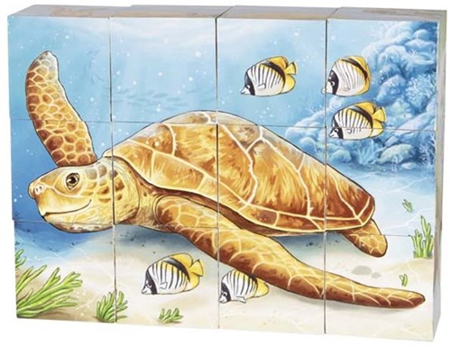 Goki wooden cube puzzle Australian animals 12 pieces blue