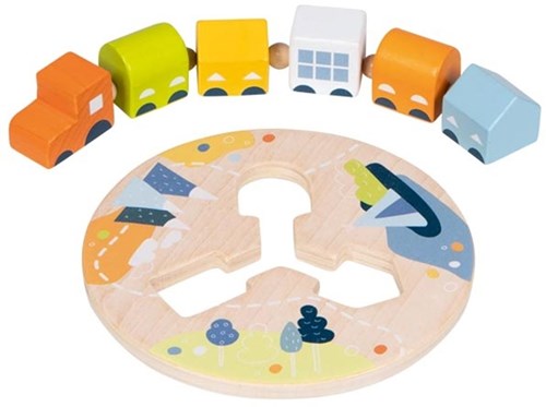 Goki wooden dexterity game - train with 5 wagons and shapes