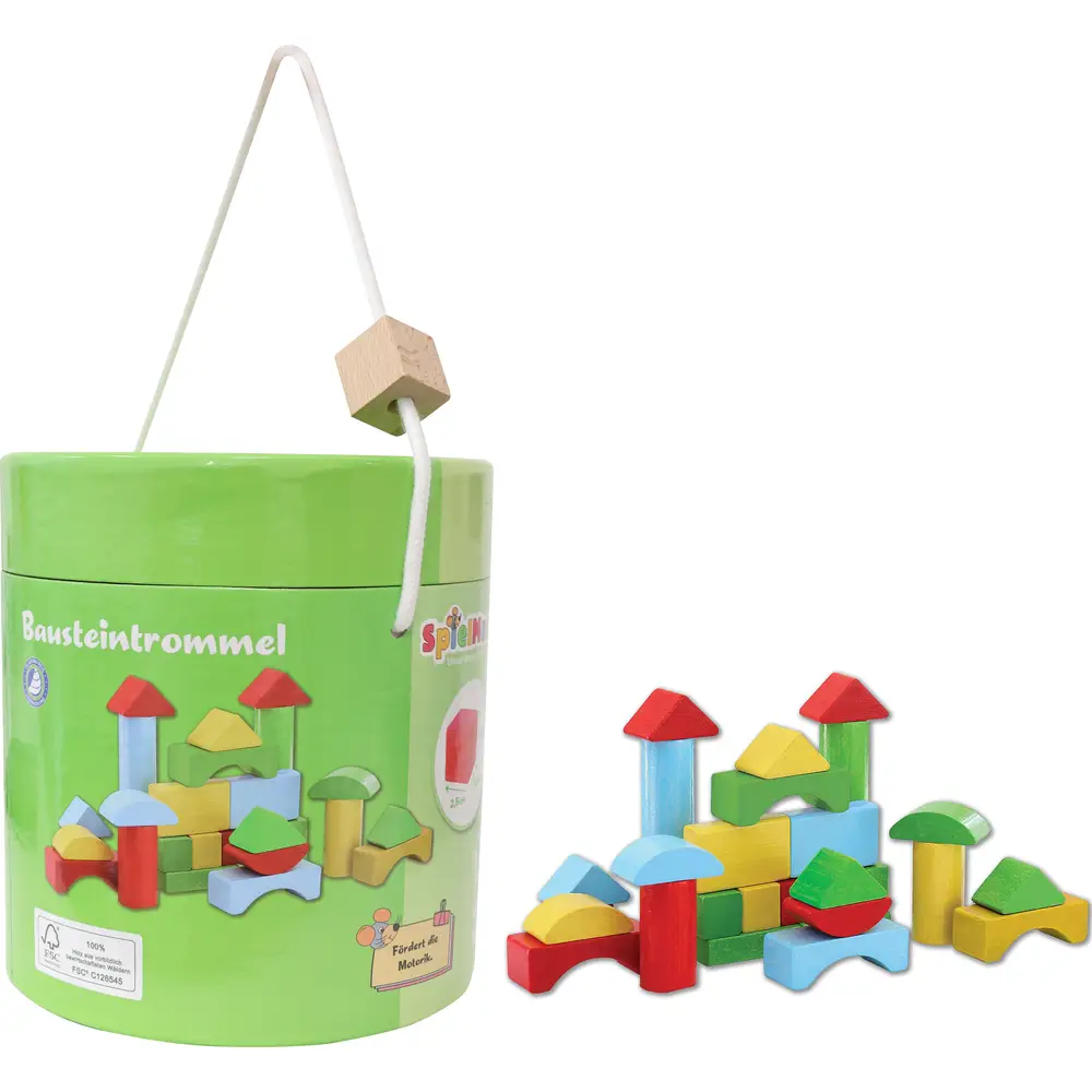 Vedes wooden building blocks set - colorful blocks in drum 90 pieces