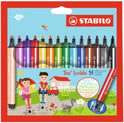 STABILO Trio Scribbi - ergonomic felt-tip pen - indestructible thanks to spring-loaded tip - case with 14 colours