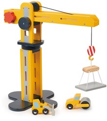 Mentari crane toy construction vehicle with 2 site trucks wood