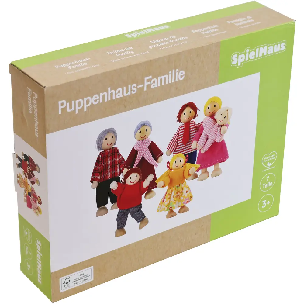 Vedes wooden dollhouse family set with 7 dolls for children