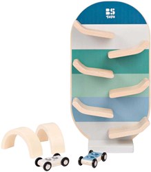 BS Toys wooden car track - educational toy with 2 cars and gates