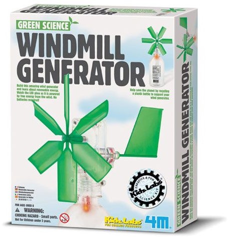 DAM 4M KidzLabs GREEN SCIENCE: WINDMOLEN GENERATOR L13cm, bevat een speelgoedmotor, LED lampje, plastic behuizing en aanverwante componenten om een windmolengenerator te maken die zonder batterijen we