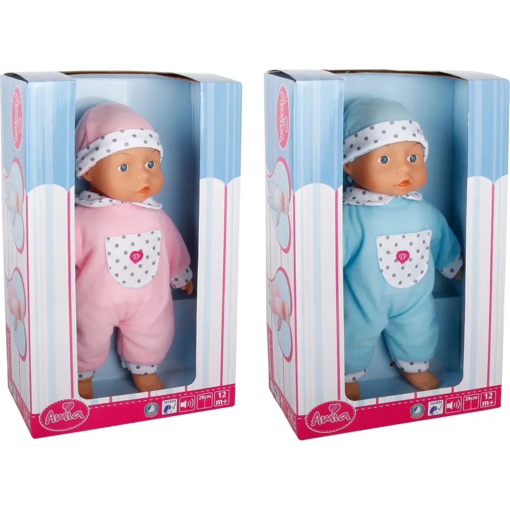 Amia doll with hat, interactive toy, 28 cm, blue or pink