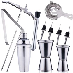 Cocktail set complete bartender kit 14-piece silver stainless steel accessories