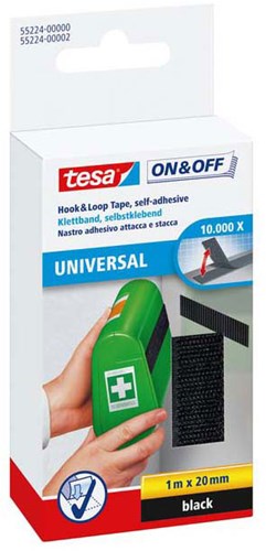 Quantore hook and loop tape black self-adhesive 1m x 20mm for mounting